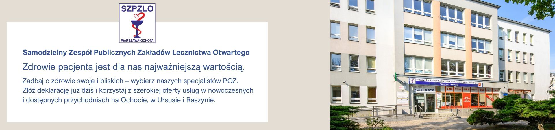 Slajd promujący przychodnię Rejonowo-Specjalistyczną_Szczęśliwicka36 – informacja o dostępności specjalistów POZ oraz zachęta do składania deklaracji wyboru placówki Rejonowo-Specjalistycznej_Szczęśliwicka36. Logo NFZ.